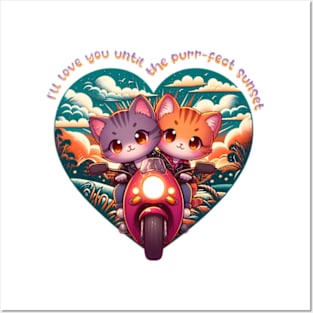 Valentines day kawaii cats on a motorbike Posters and Art